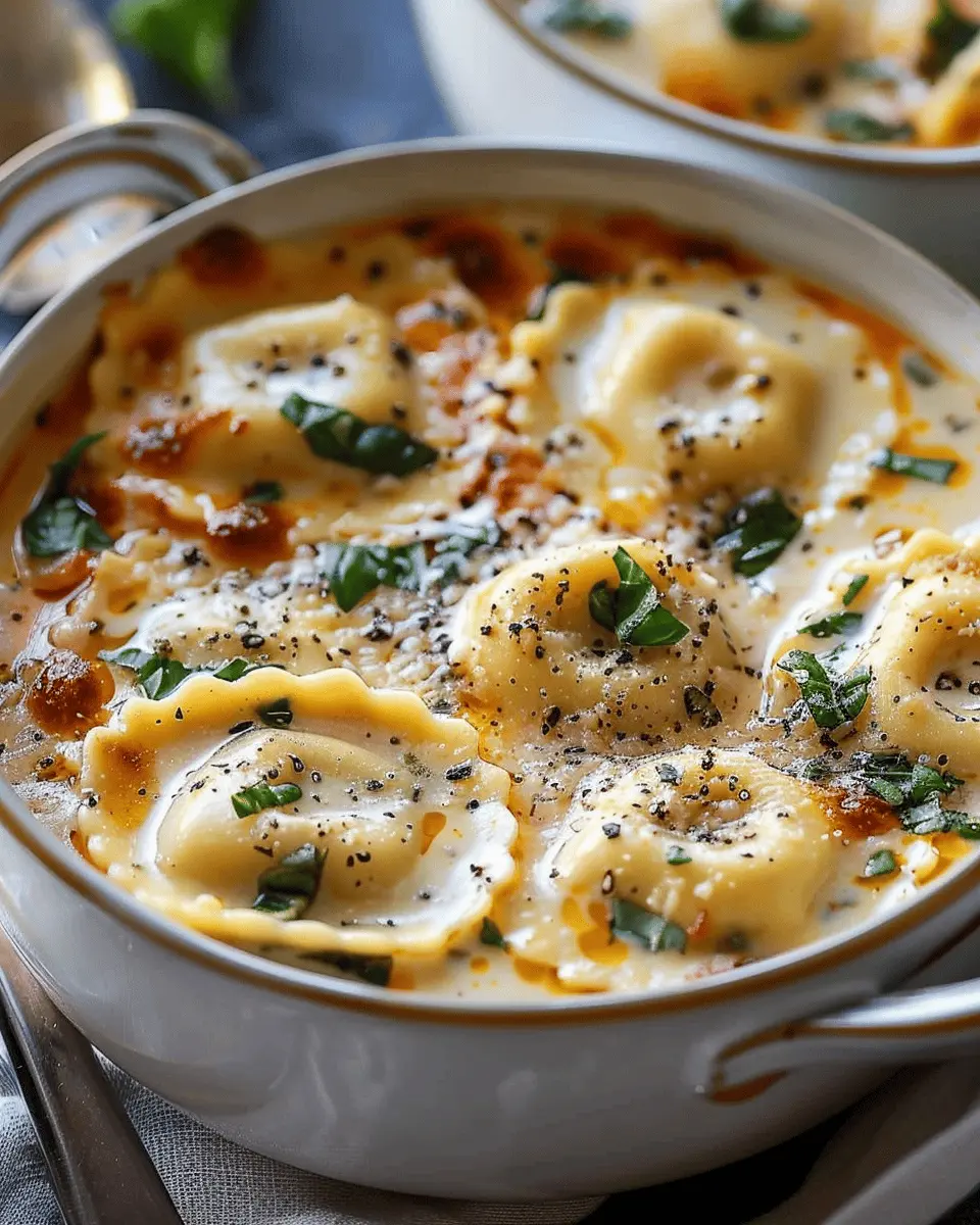 Creamy Tuscan Ravioli Soup with Turkey Bacon and Chicken Ham