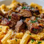 Cajun Steak Tips in Cheesy Rigatoni Parmesan Sauce