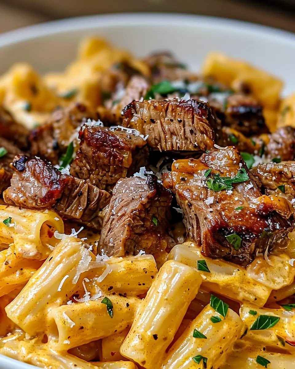 Cajun Steak Tips in Indulgent Cheesy Rigatoni Parmesan Sauce