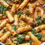 Creamy Sausage Rigatoni with Spinach, Garlic, and Tomato Cream Sauce (One-Pan, 30-Minute recipe)